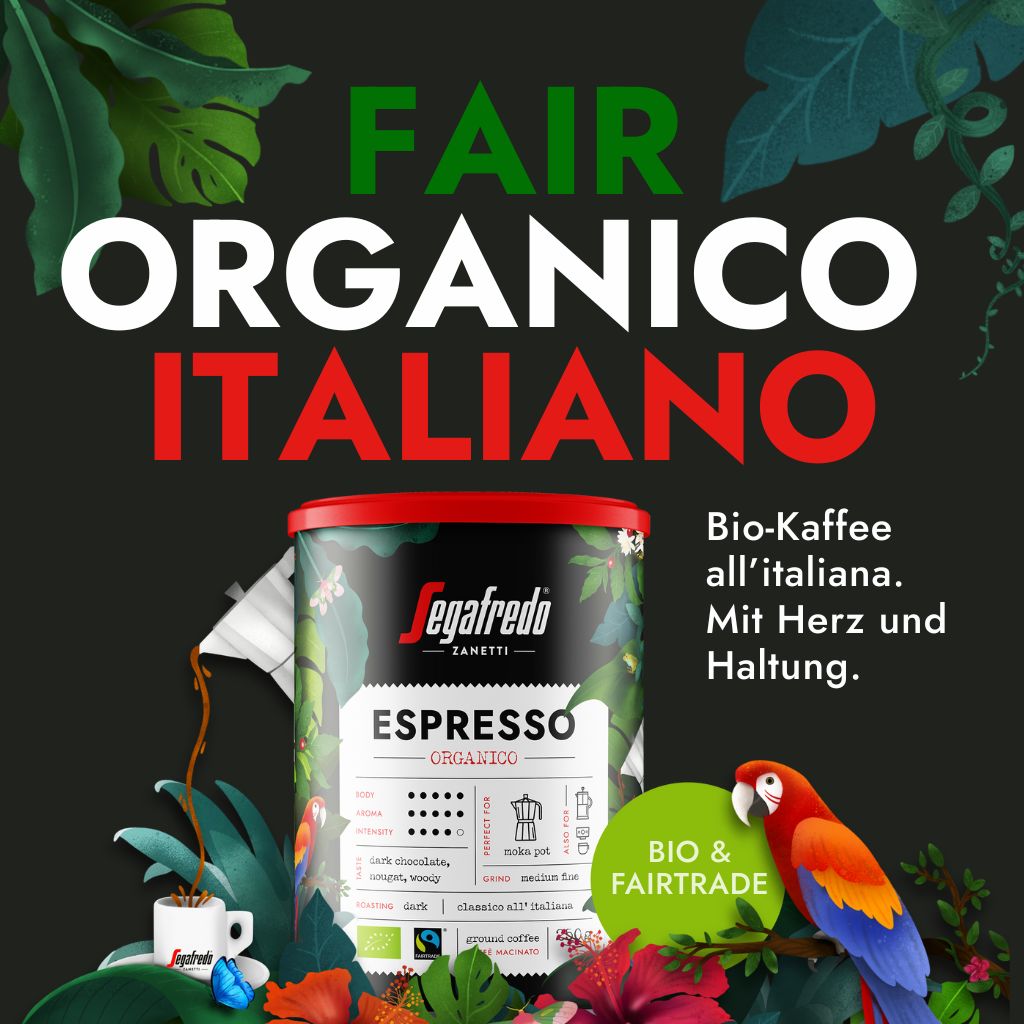Grafik: nachhaltiger Segafredo Espresso Organico mit der Kaffeedose, einem Papagei, einer Kaffeetasse, einer Moka-Kanne und bunter Schrift, bio und fairtrade