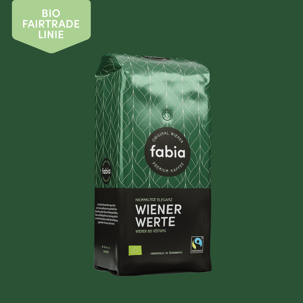 Grafik: nachhaltiger fabia Wiener Werte mit Produktbild vor grünem Hintergrund